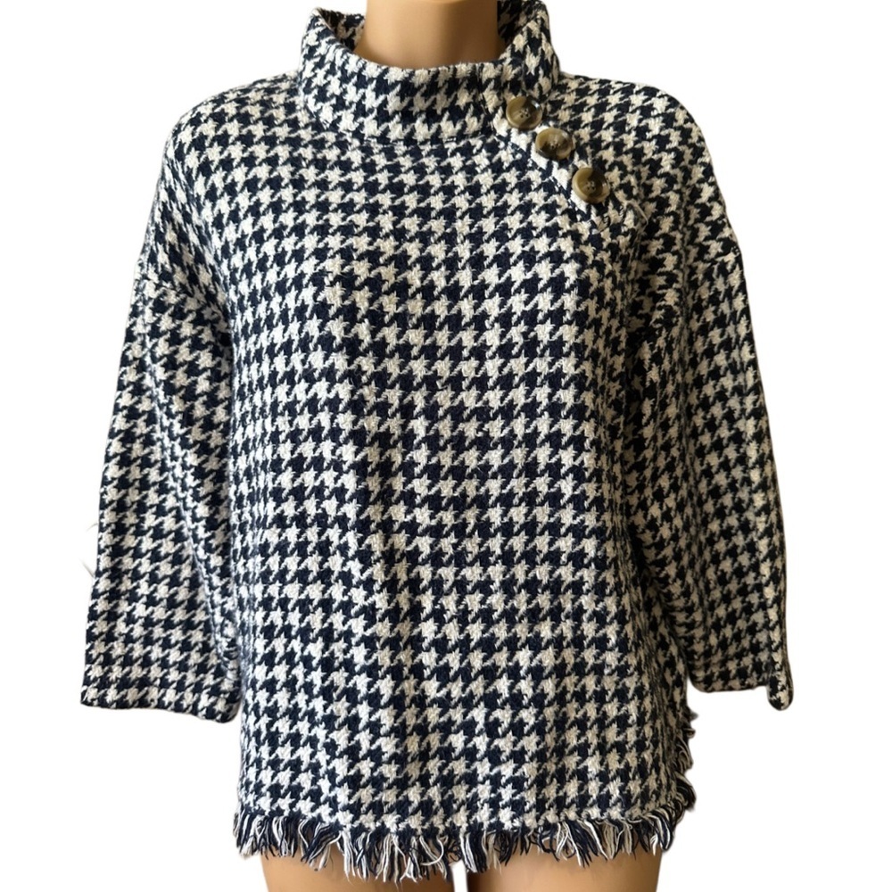 Zara Navy Blue/White Houndstooth Turtleneck Sweater w/ Buttons and Fringe Hem